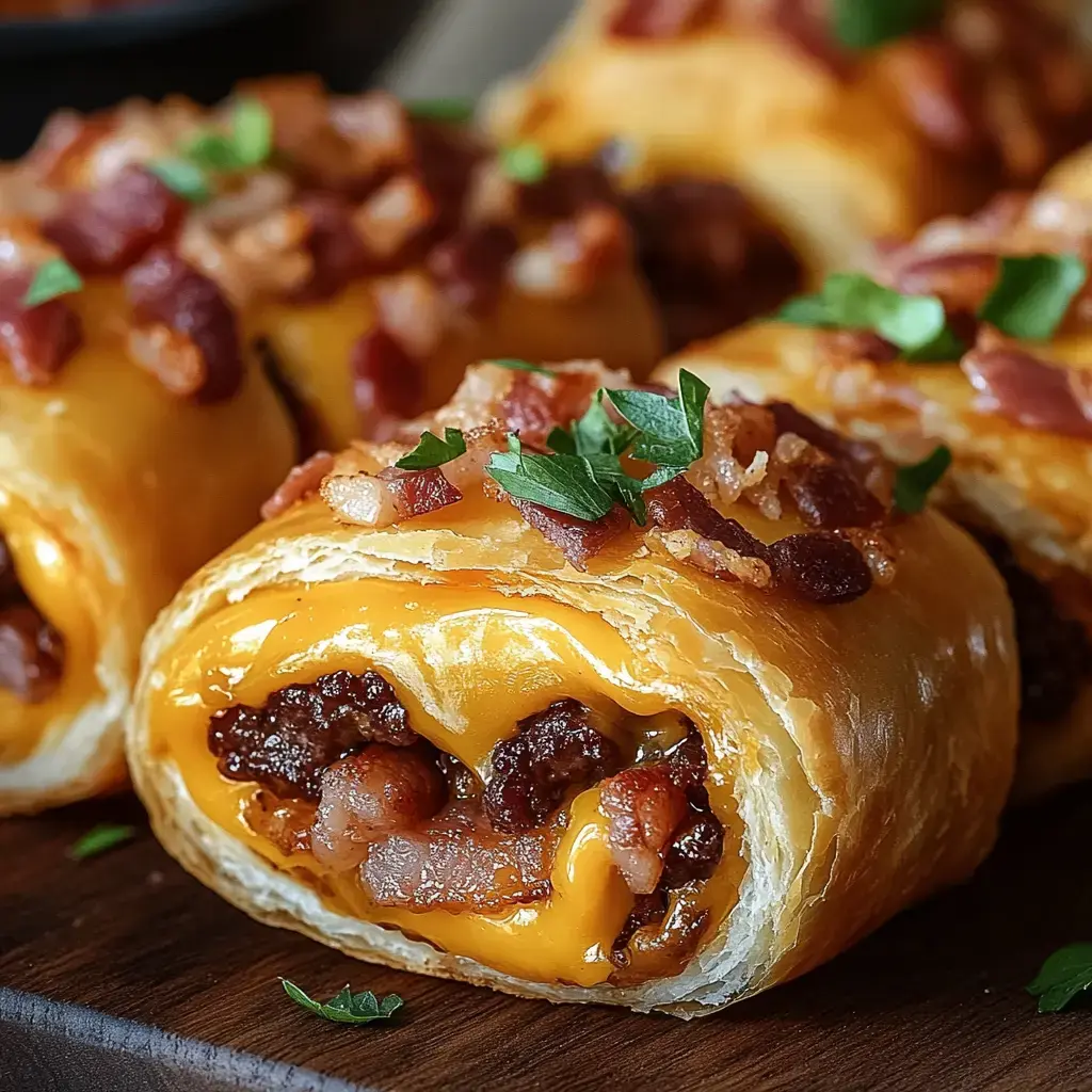 Zoom sur des roulés gourmands garnis de fromage fondu et bacon, parsemés de persil frais.