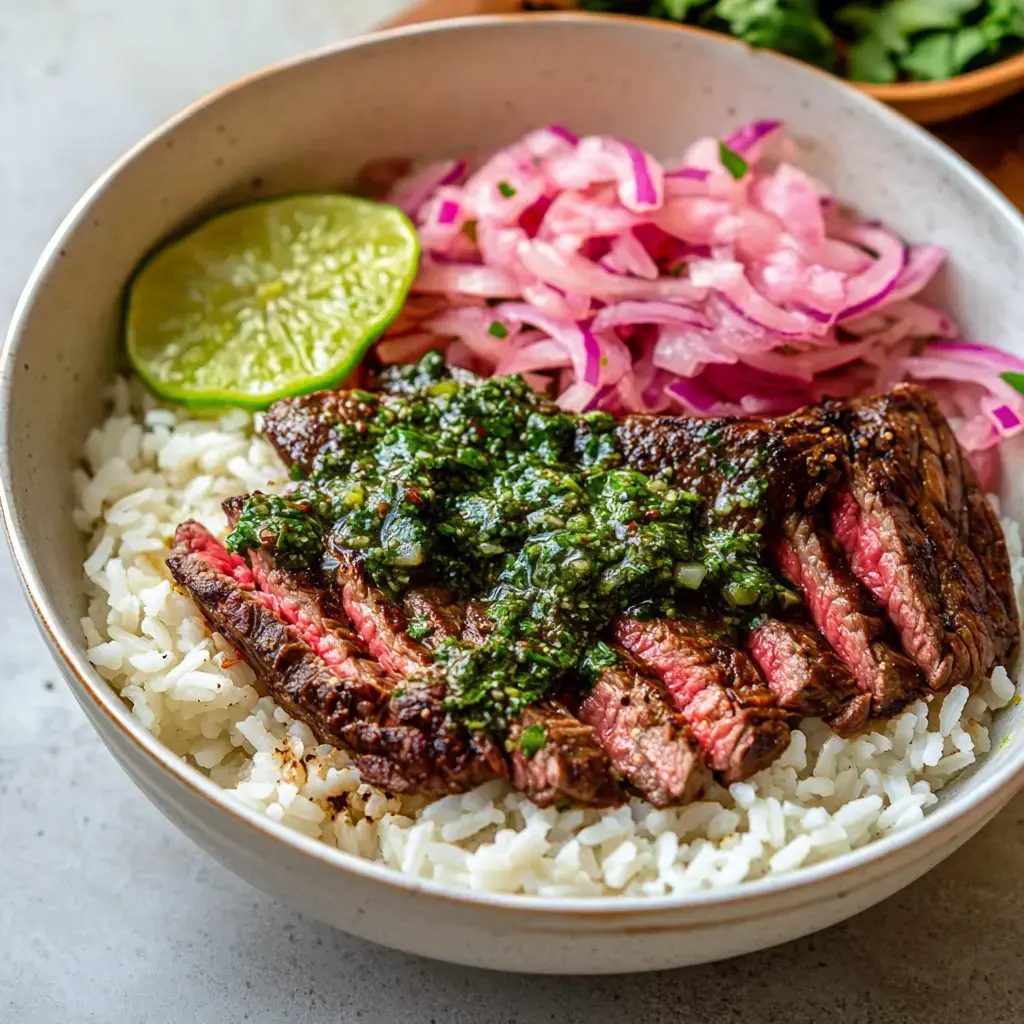 Un bol de riz garni de tranches de bavette nappées de sauce verte, accompagné d'oignons marinés et d'un quartier de citron vert.