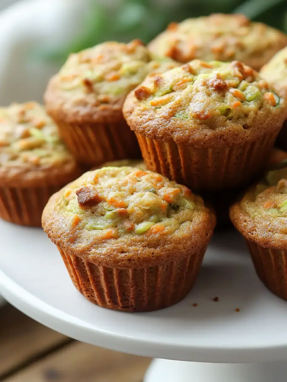 Zoom sur des muffins tout chaud avec croûte dorée, carottes et courgettes visibles, surprésentoir à gâteau blanc.
