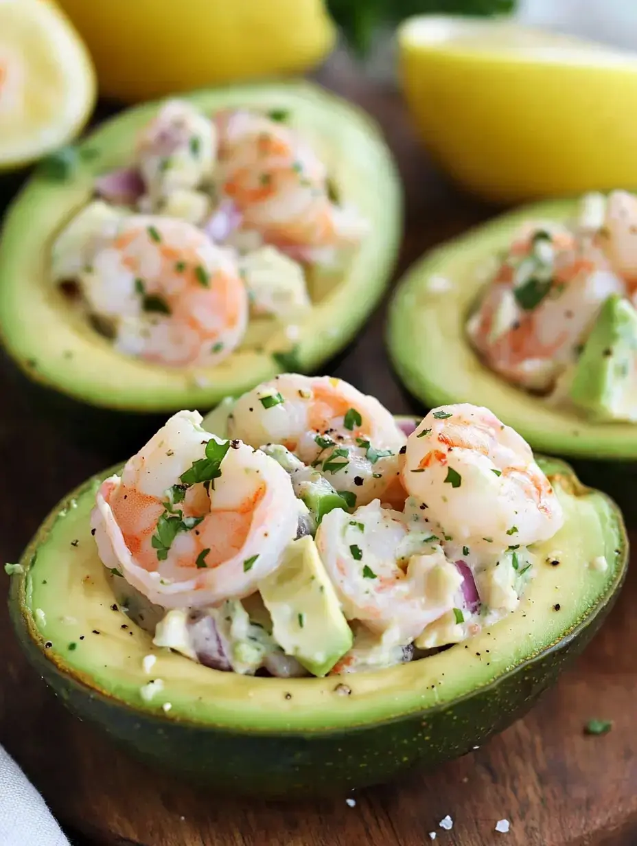 Un avocat coupé est garni d'une salade de crevettes et d'avocat, décoré d'herbes, accompagné de moitiés de citron.