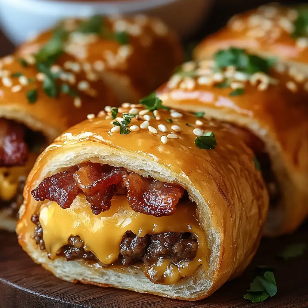 Gros plan sur un roulé doré garni de boeuf, cheddar fondu et bacon croquant, décor sésame et persil.