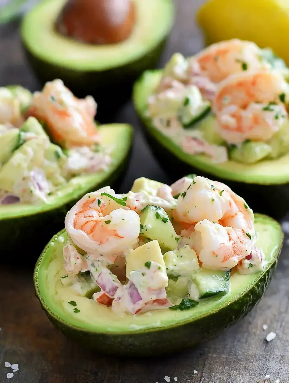 Trois avocats coupés en deux garnis d'un mélange de crevettes et légumes, décorés d'herbes, sur une surface en bois.