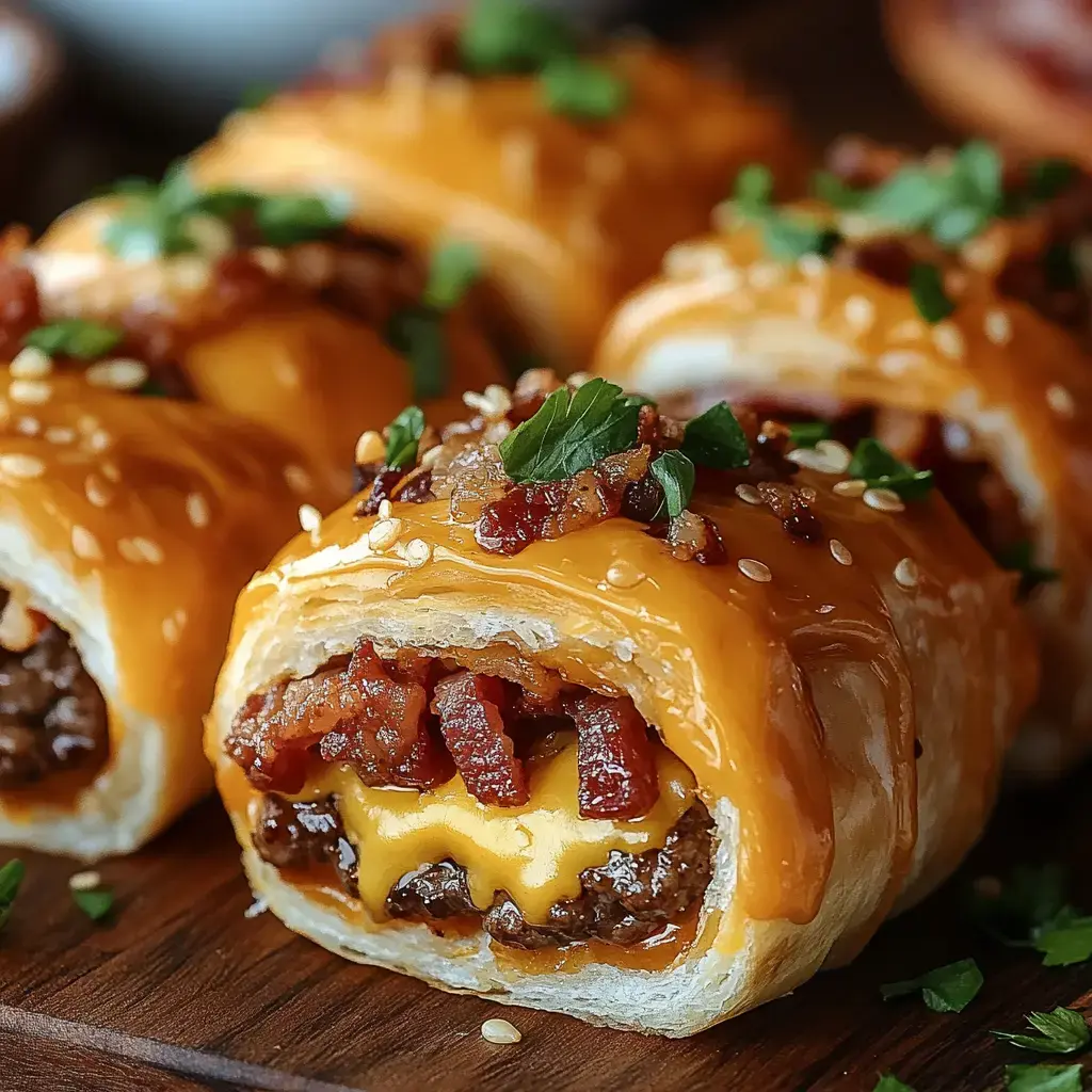 Gros plan sur des roulés fourrés au boeuf, cheddar et bacon, parsemés de graines et fines herbes.