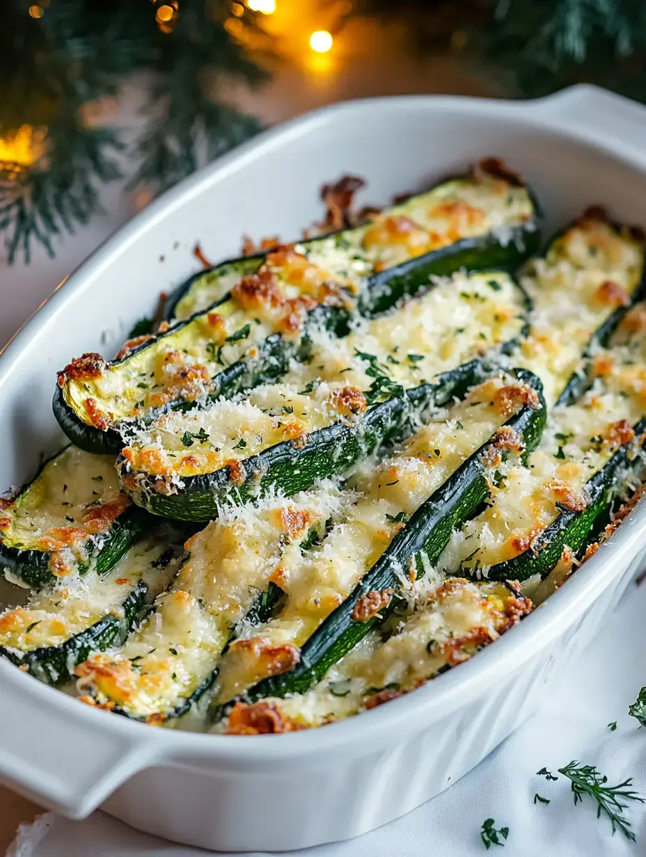 Un plat avec des courgettes gratinées, croustillantes et dorées, recouvertes d’herbes et de chapelure.