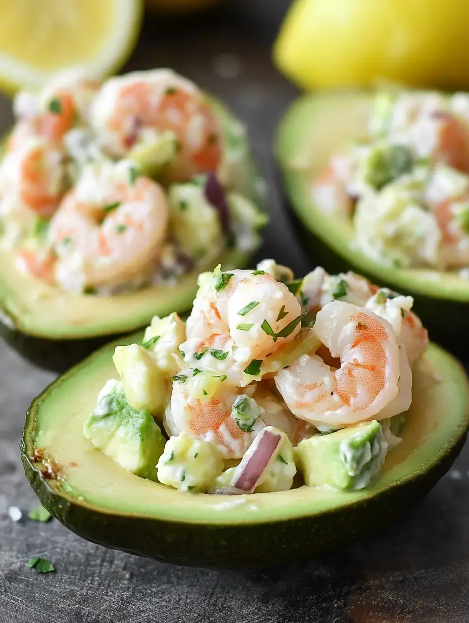 Trois avocats coupés en deux garnis d'une salade de crevettes et d'avocat, décorés d'herbes, présentés sur fond sombre avec des tranches de citron en arrière-plan.