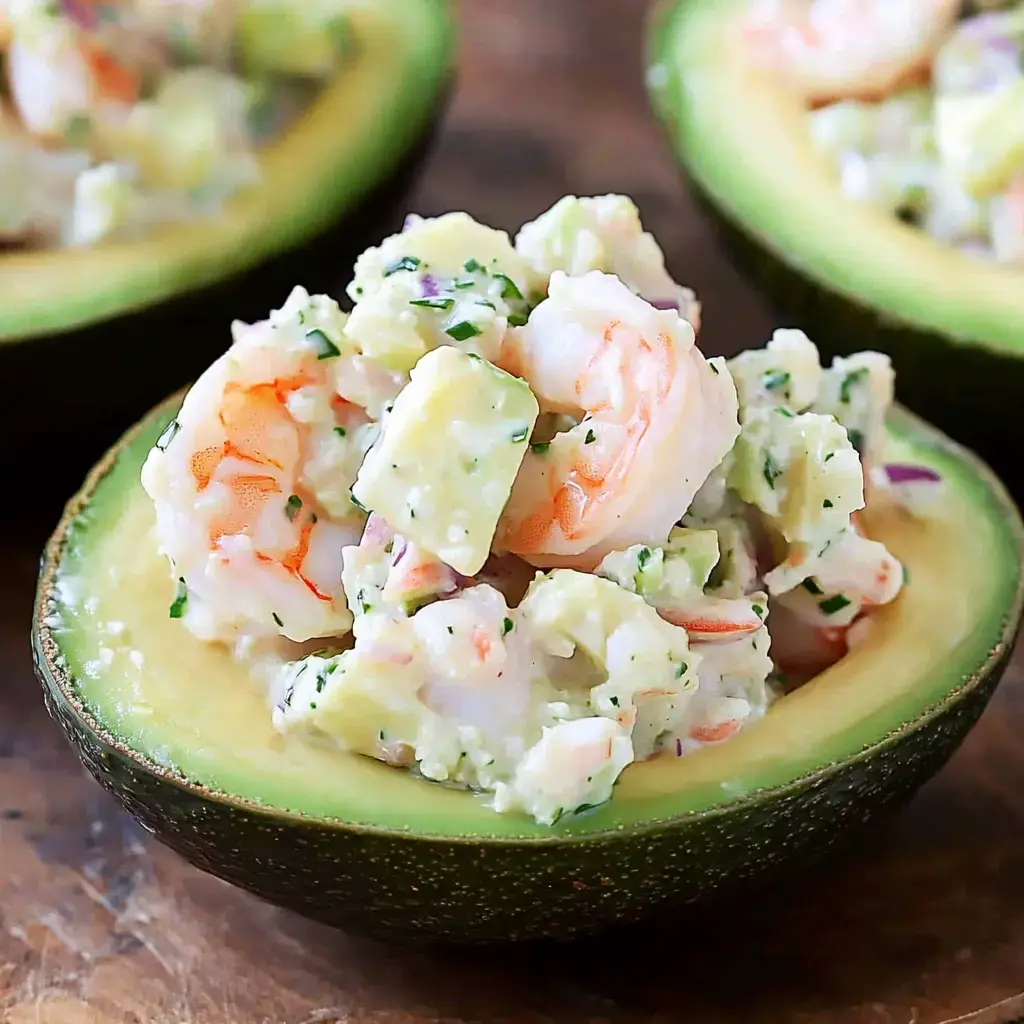 Un avocat coupé en deux rempli d'un mélange de crevettes, légumes coupés en dés et herbes.