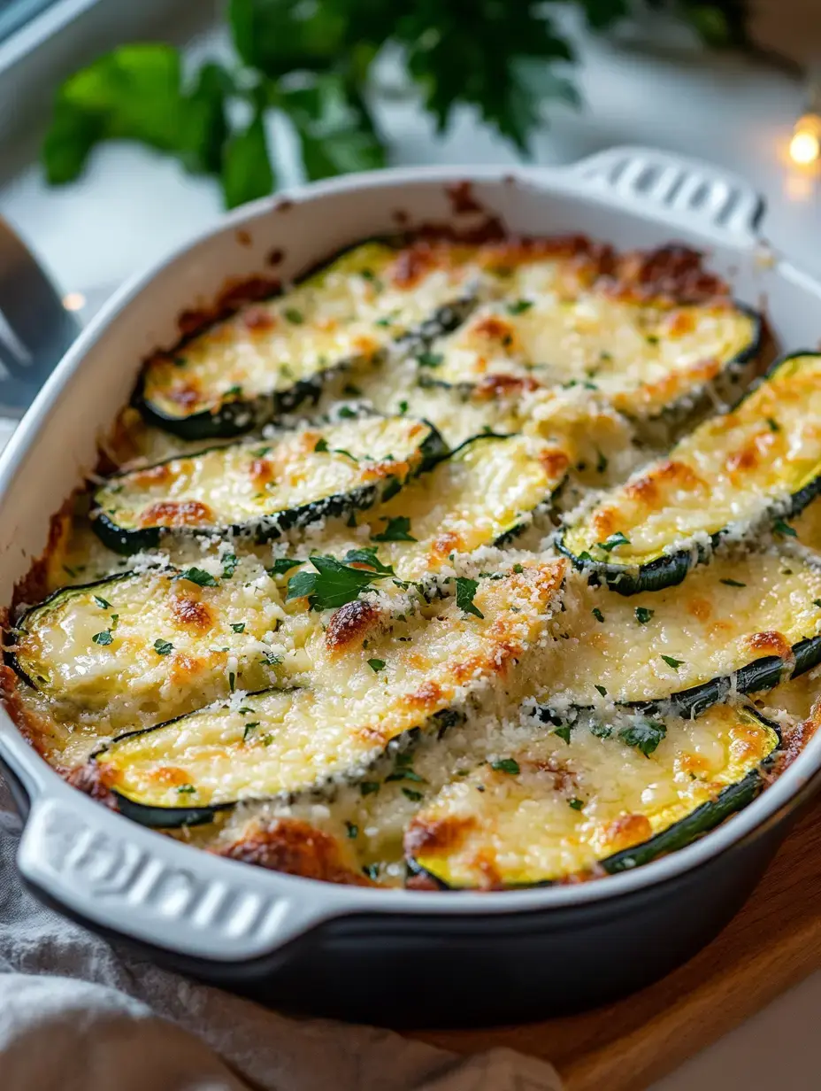 Un plat de courgettes au four, recouvert de fromage fondu et parsemé de persil.