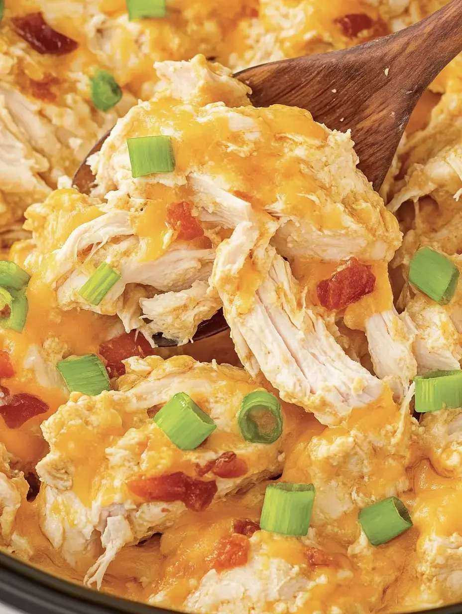 Gros plan de poulet effiloché mélangé avec du fromage fondu, garni de ciboulette et un soupçon de salsa.