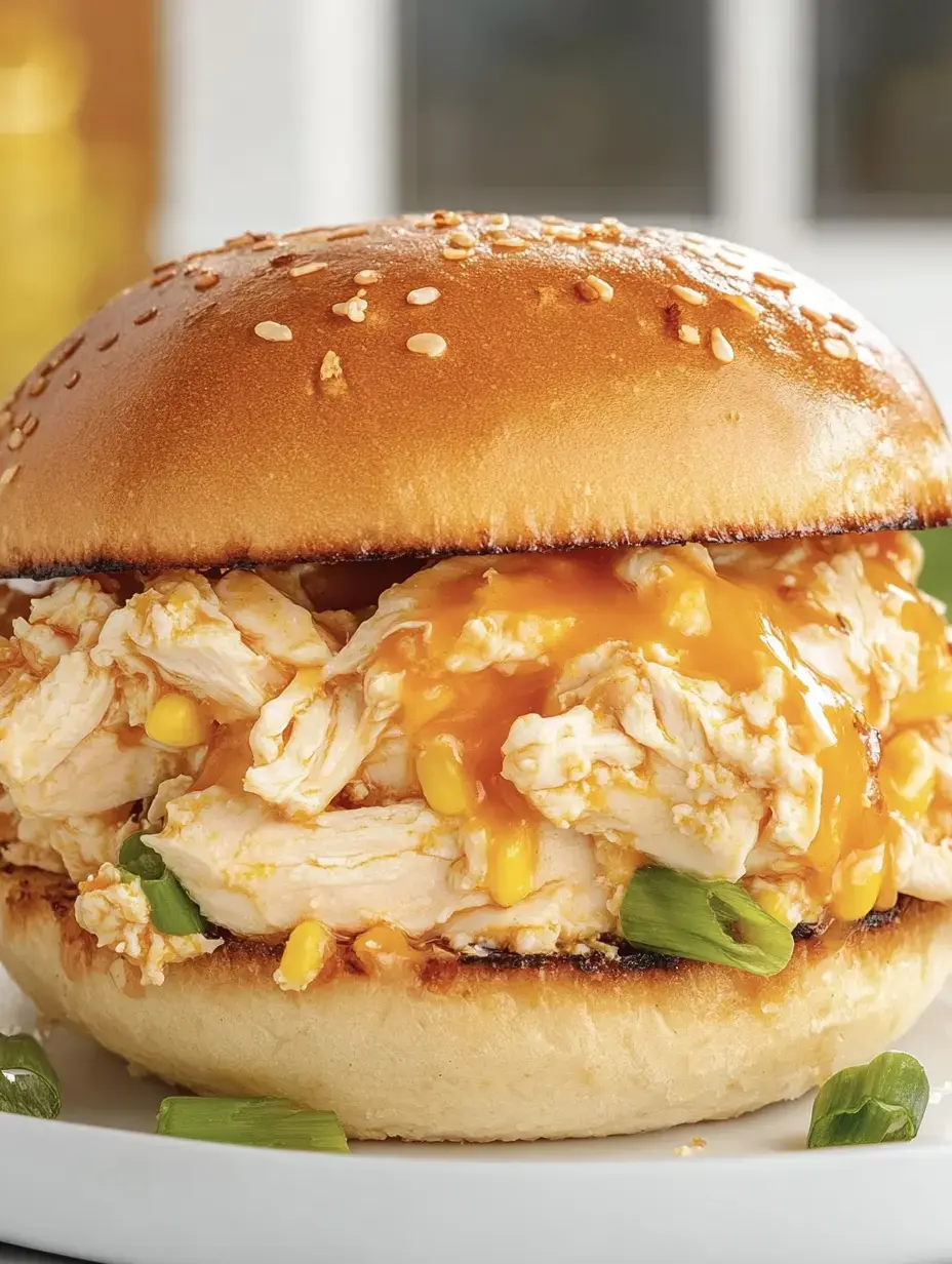 Gros plan d'un pain aux graines de sésame garni de poulet effiloché, fromage fondu et maïs, décoré de ciboulette.