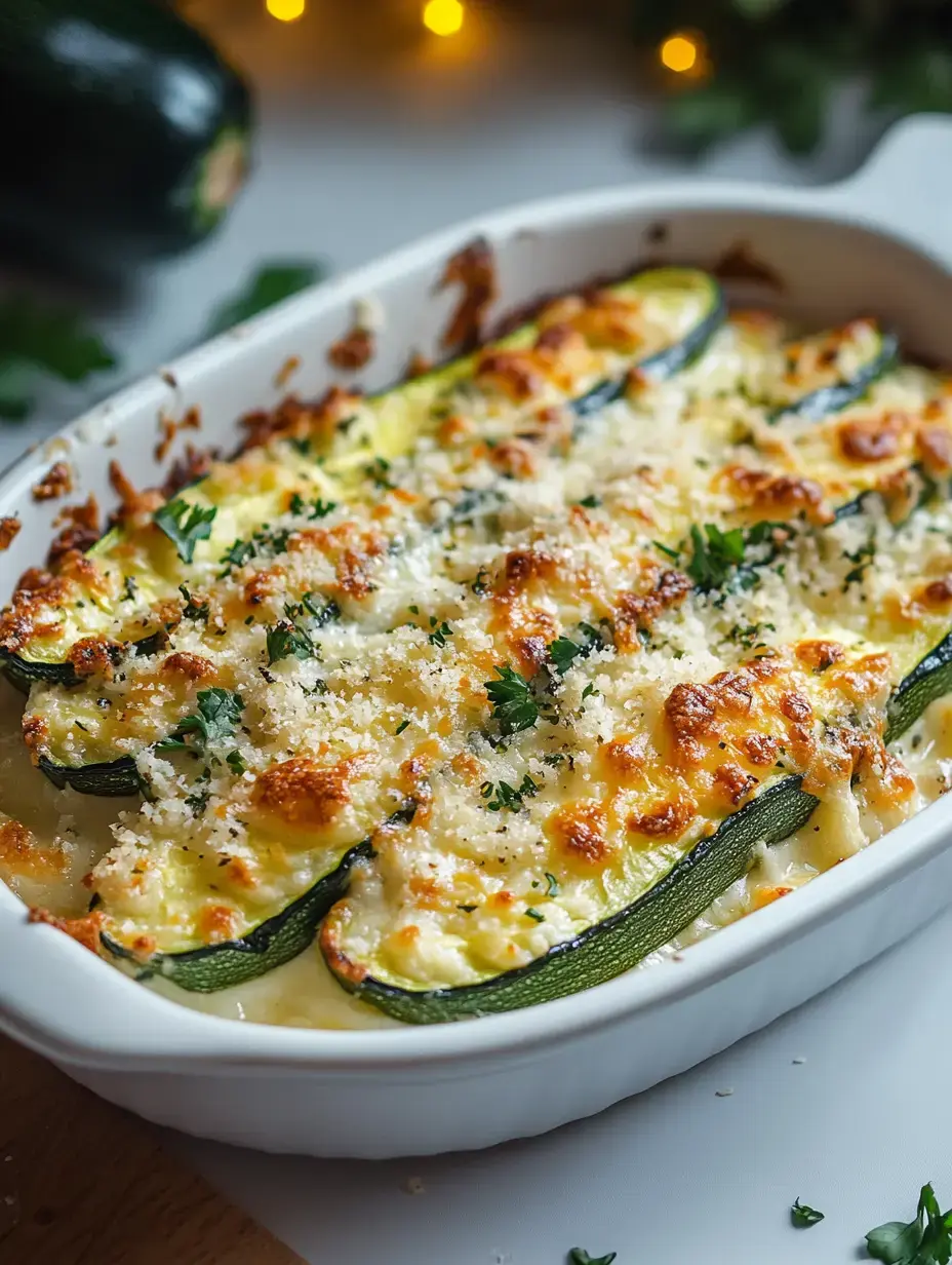 Un gratin de courgettes cuit, surmonté de fromage doré, de chapelure et de persil frais.