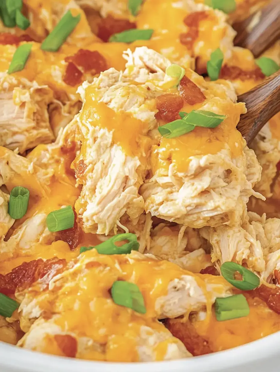 Gros plan de poulet effiloché garni de cheddar fondu, tomates en dés et ciboulette hachée.