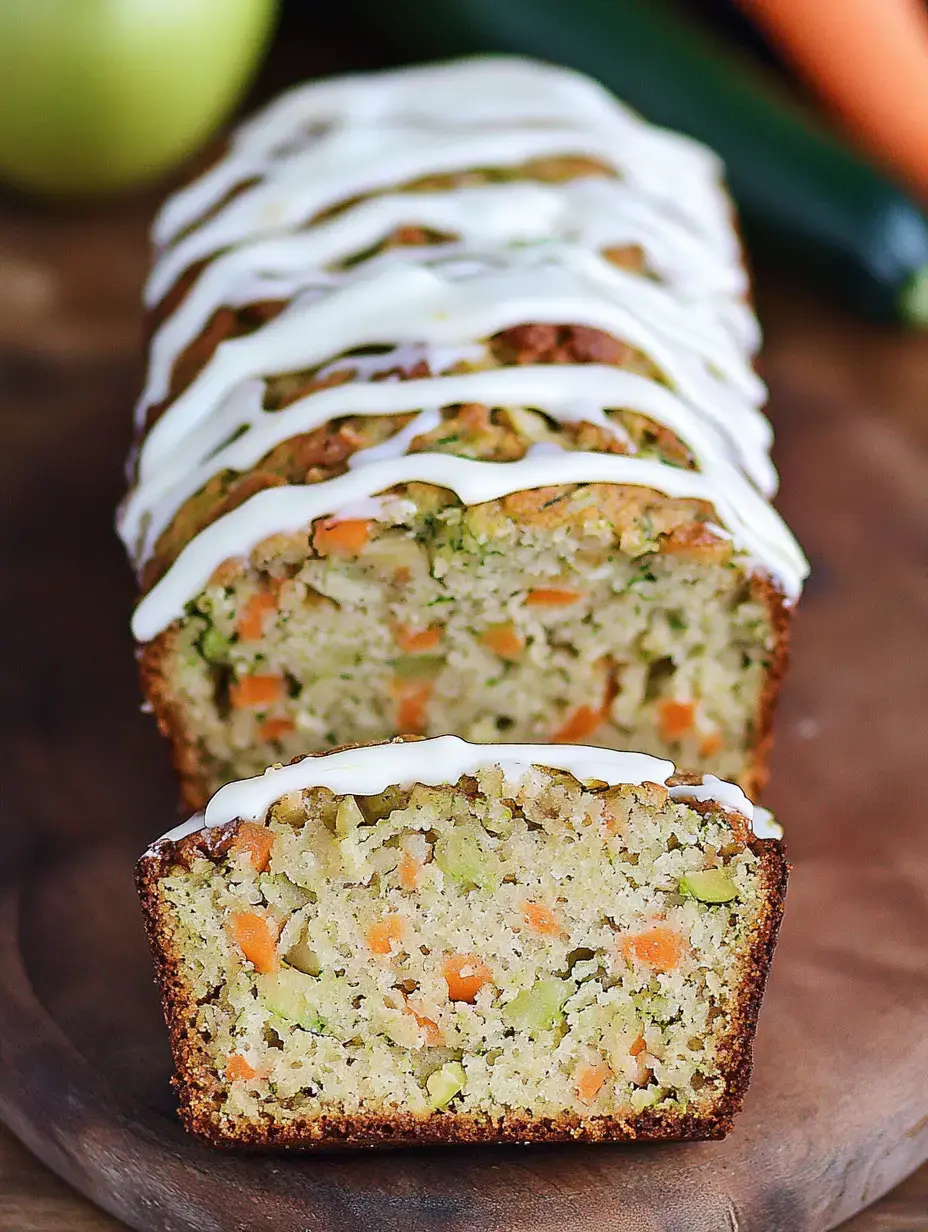 Un pain moelleux aux légumes coupé, nappé d’un glaçage blanc, avec des carottes et courgettes colorées visibles dedans.