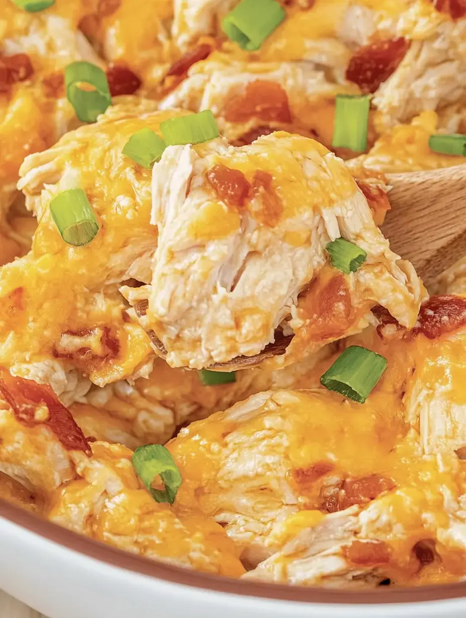 Gros plan de poulet effiloché surmonté de fromage fondu, tomates en dés et ciboulette hachée dans un plat de service.