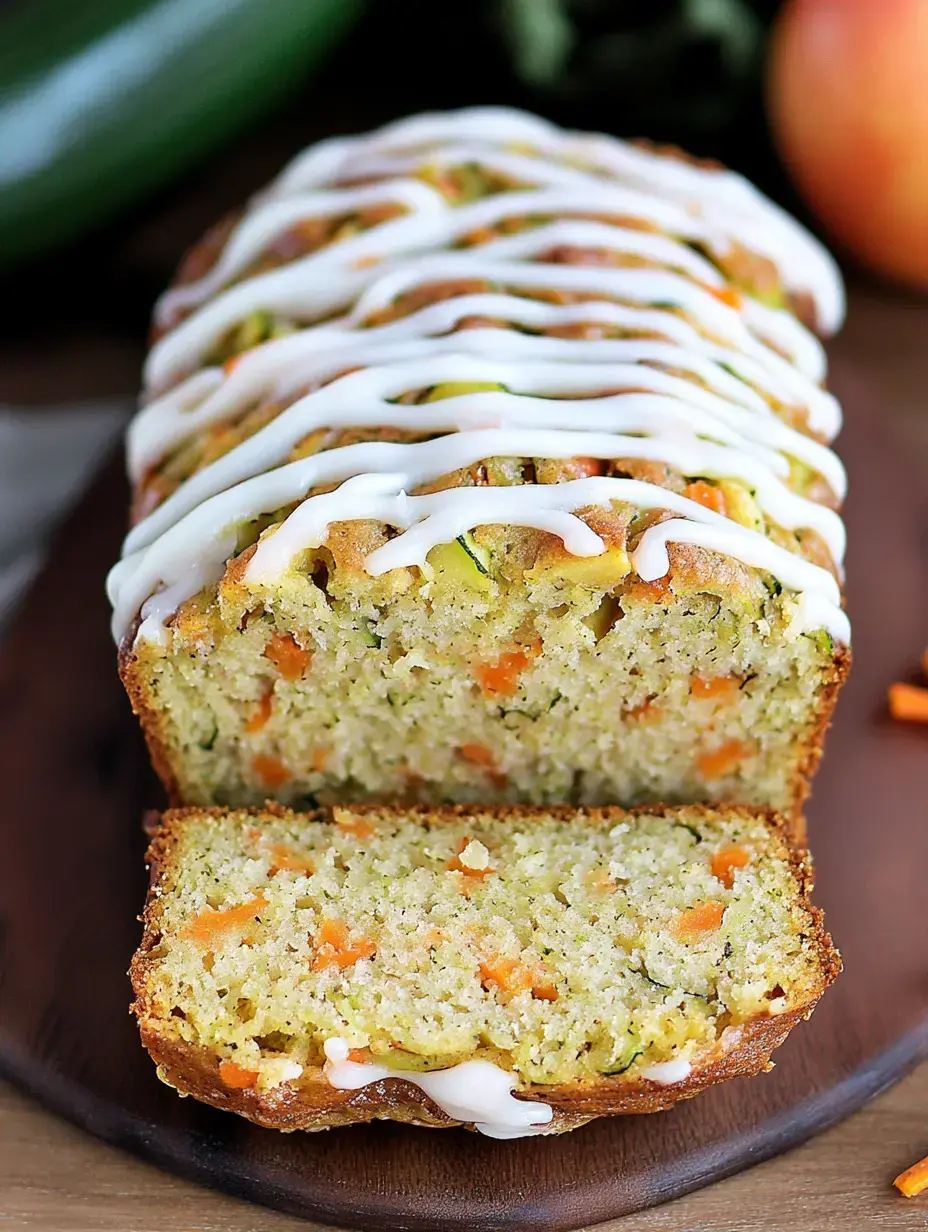 Un cake aux carottes et courgettes en tranches, nappé d’un filet de glaçage blanc, posé sur une planche en bois.