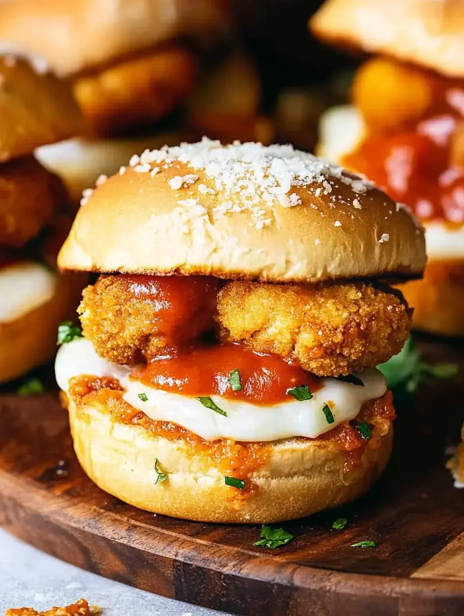 Gros plan d’un sandwich poulet croustillant, sauce tomate, mozzarella fondue, persil sur planche en bois.