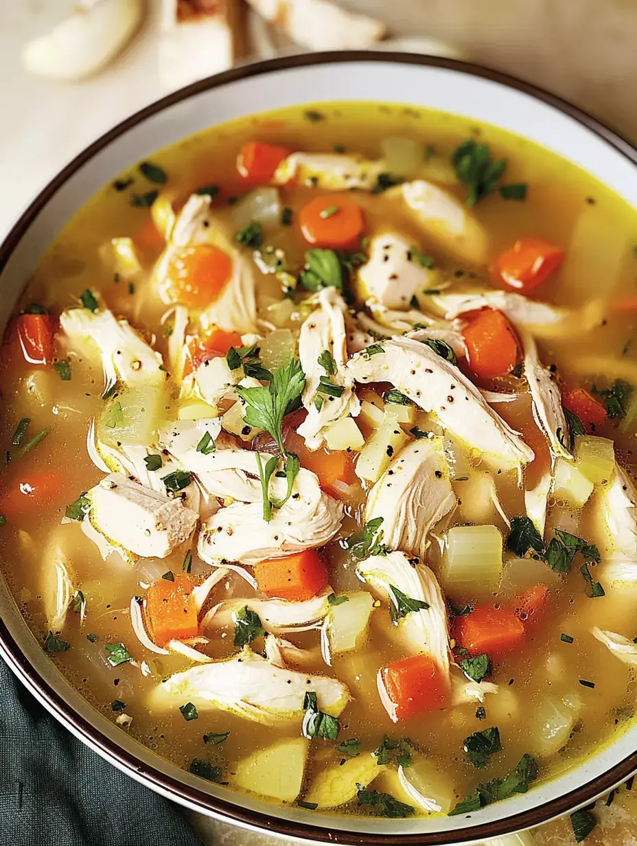 Un bol de soupe au poulet avec du poulet effiloché, des carottes, du céleri et des herbes dans un bouillon savoureux.