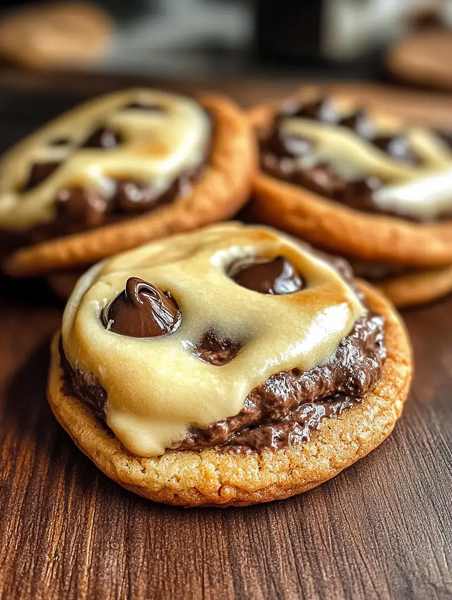 Trois cookies garnis de chocolat et nappés de glaçage crémeux, posés sur une surface en bois.