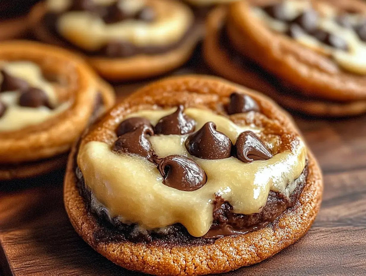Un gros plan de cookies garnis de crème et de pépites de chocolat sur une surface en bois.