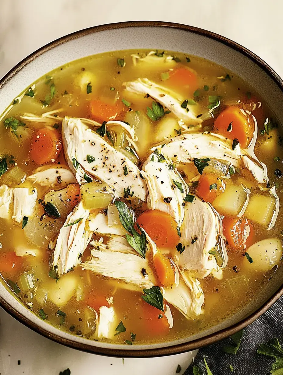 Un bol de soupe au poulet rempli de poulet effiloché, carottes, céleri et herbes dans un bouillon savoureux.