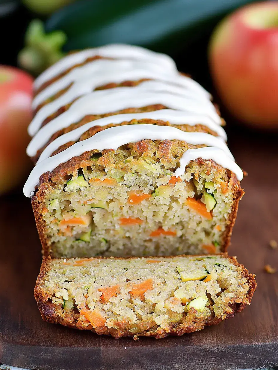 Un cake à la courgette tranché dévoile une mie colorée, moelleuse, parsemmée de carottes et courgettes, surmonté d’un glaçage blanc avec des pommes et courgettes en décor.
