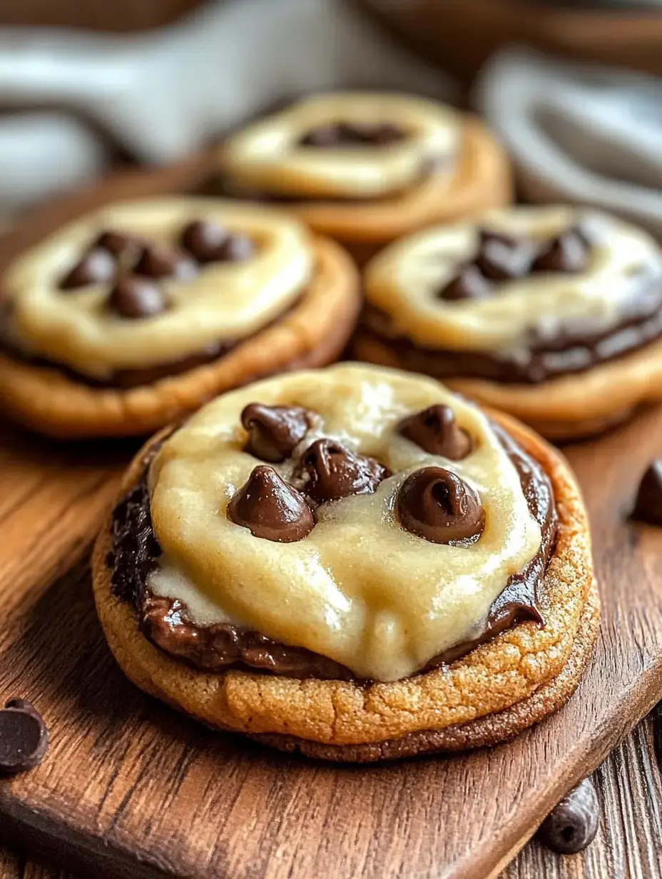 Gros plan sur des cookies fraîchement cuits, garnis de chocolat et de glaçage au fromage frais sur une planche en bois.