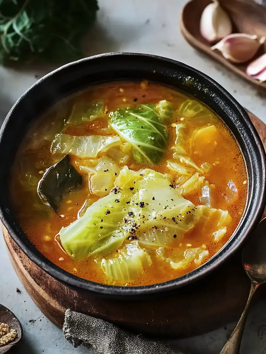 Un bol fumant de soupe au chou bien garnie en légumes feuilles et épices, servi dans un bol en céramique foncé sur une table de bois.