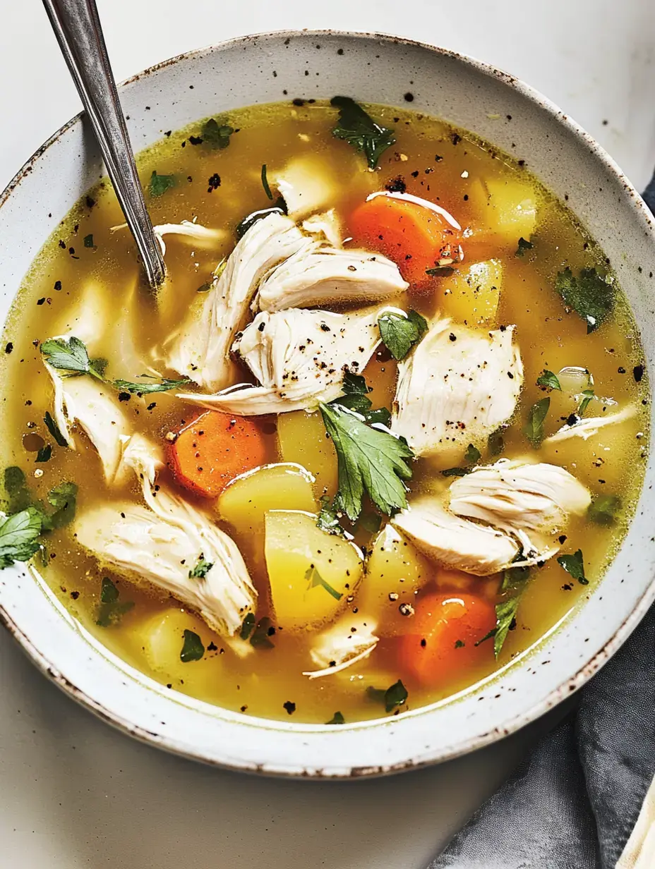 Un bol de soupe au poulet rempli de poulet effiloché, pommes de terre en dés et carottes, garni de persil.