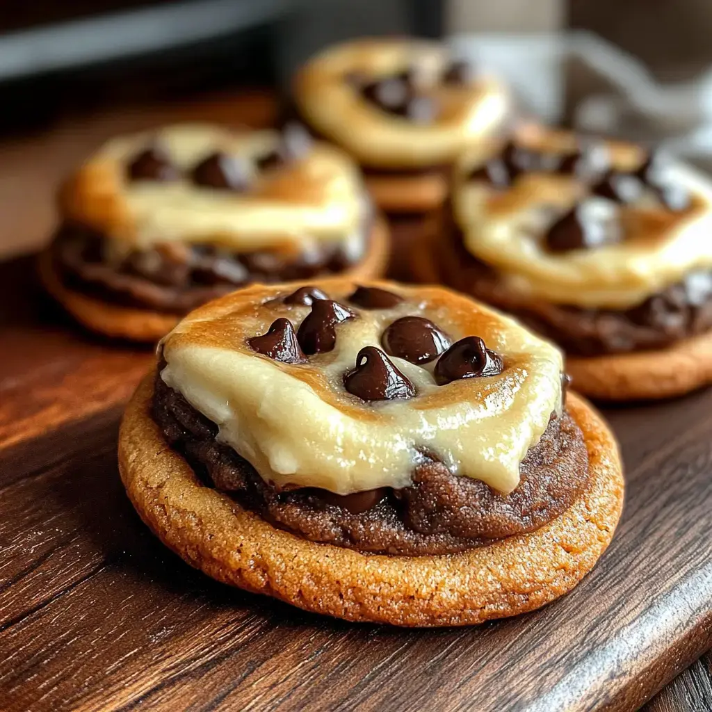 Gros plan sur des cookies superposés avec du glaçage au chocolat et garnis de pépites de chocolat, présentés sur une surface en bois.