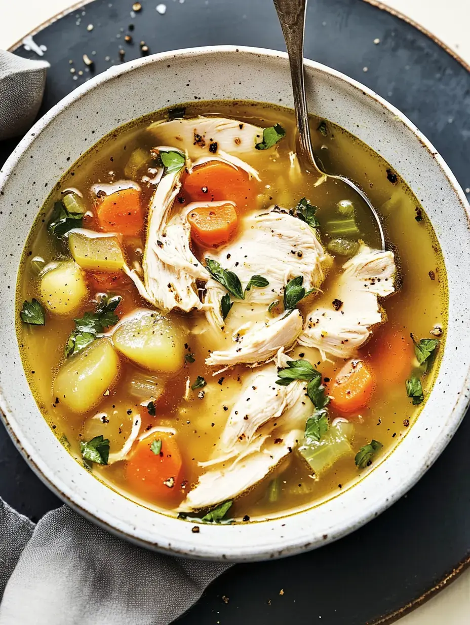 Un copieux bol de soupe au poulet rempli de poulet effiloché, carottes, pommes de terre et herbes, garni de persil et servi avec une cuillère.