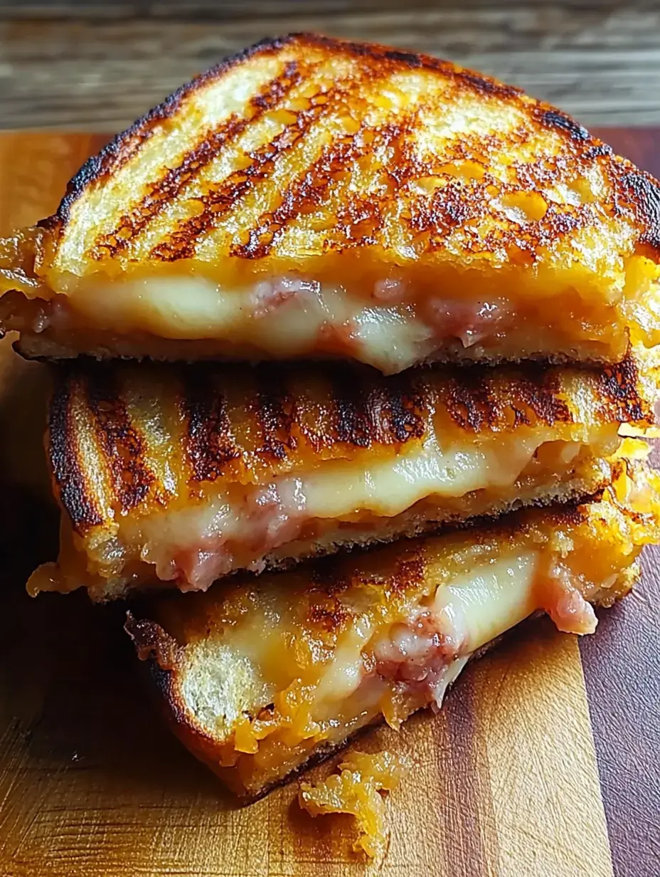 Trois croque-monsieur dorés empilés sur une planche à découper en bois, laissant apparaître du fromage fondu et du jambon.