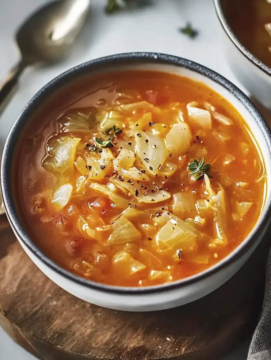 Zoom sur un bol de soupe au chou bien copieuse avec du poivre noir et des herbes sur une surface en bois.
