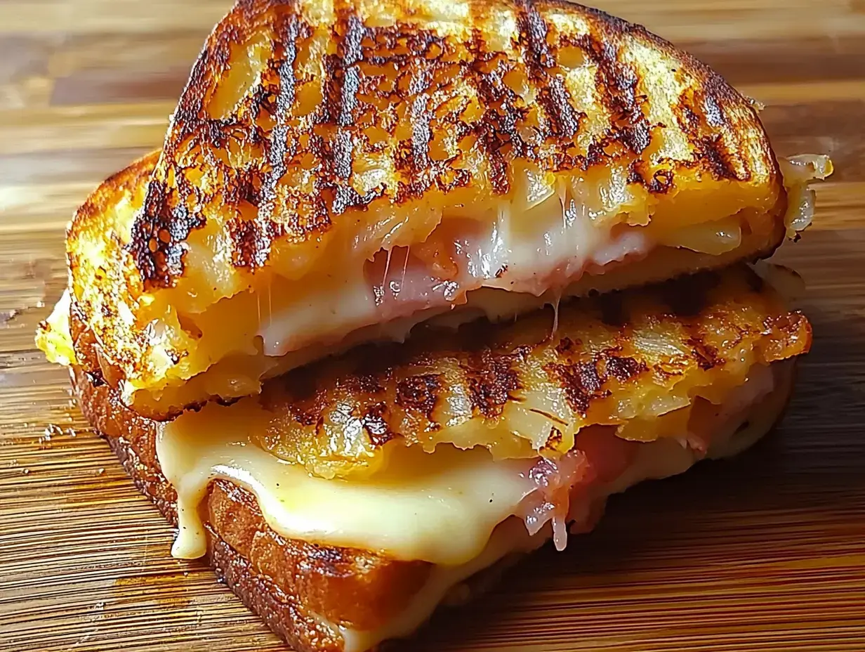 Un sandwich grillé avec du fromage fondu et du jambon, débordant légèrement, posé sur une surface en bois.