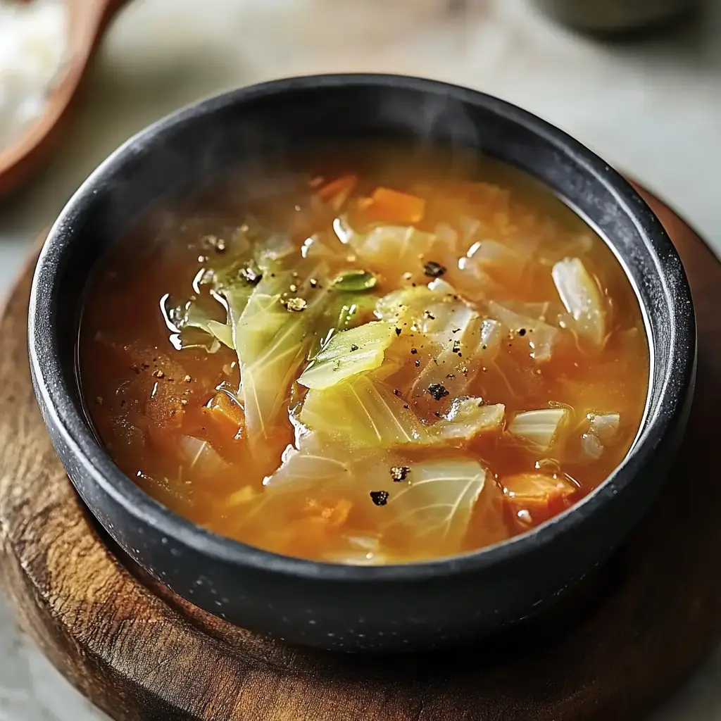 Un bol fumant de soupe aux légumes, chou et carottes, posé sur une table en bois.