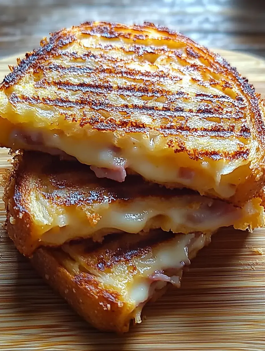 Trois croque-monsieur empilés sur une planche en bois, montrant leur croûte dorée et croustillante avec du fromage fondu et du jambon visibles à l'intérieur.