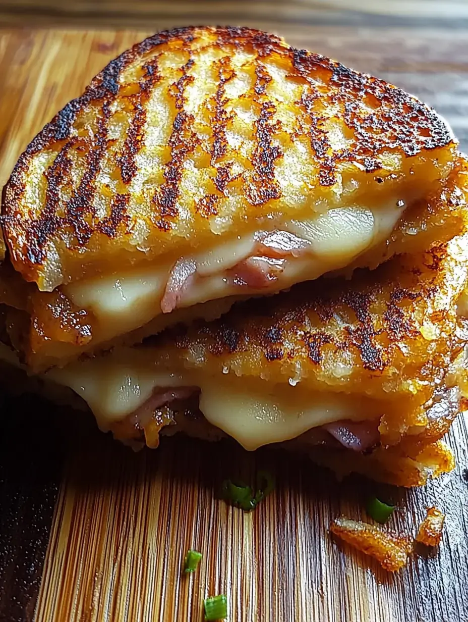 Gros plan d'un croque-monsieur doré avec du fromage fondu et du jambon, posé sur une planche à découper en bois.