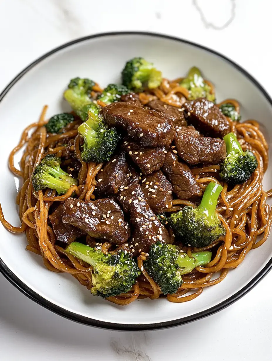 Un bol de nouilles garni de bœuf tendre et de brocoli éclatant, saupoudré de graines de sésame.