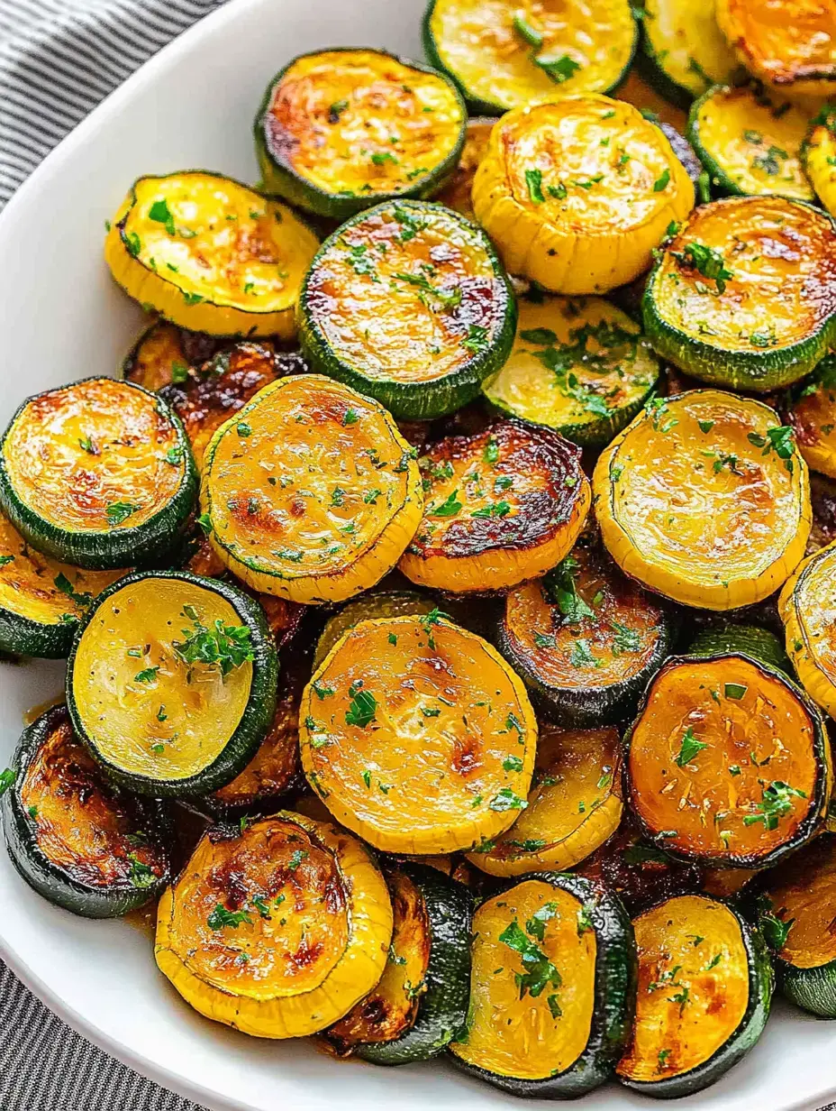 Vue rapprochée d’un plat de courgettes vertes et jaunes sautées, parsemées de persil.