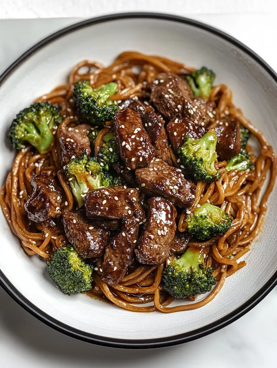 Un gros plan d'un bol rempli de bœuf sauté, de brocoli et de nouilles, garni de graines de sésame.