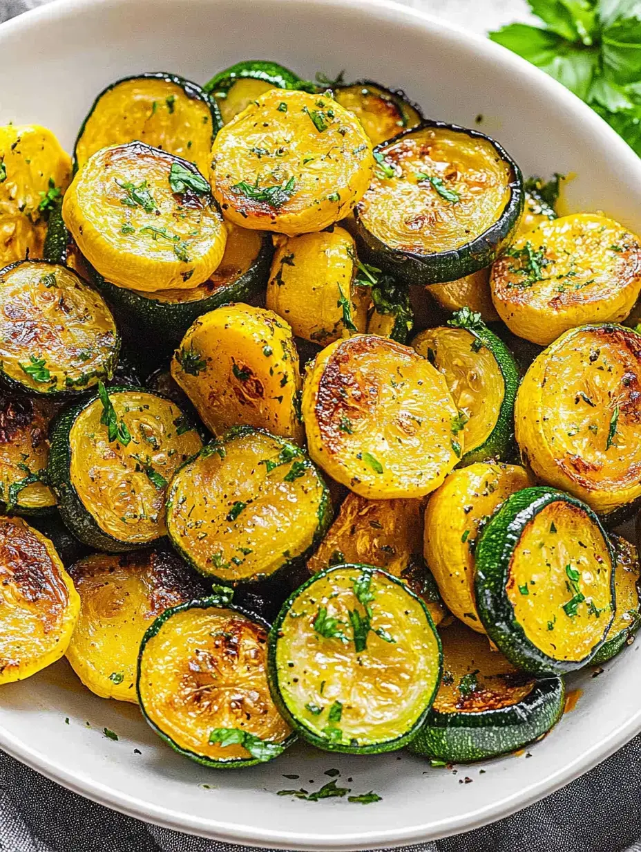 Un bol de tranches de courgettes jaunes et vertes sautées, décoré avec des herbes.