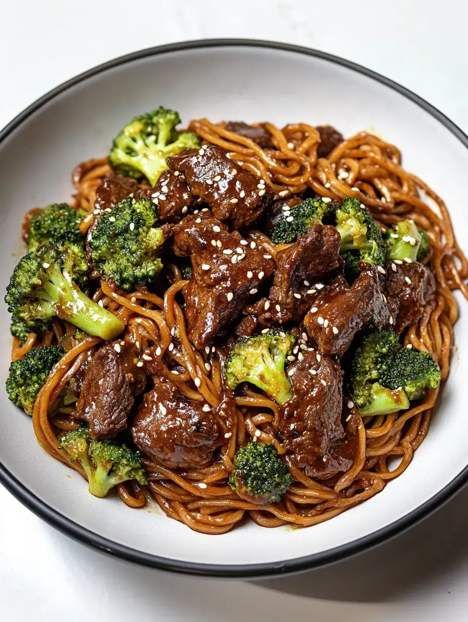 Un bol de nouilles sautées avec du bœuf tendre et du brocoli, garni de graines de sésame.