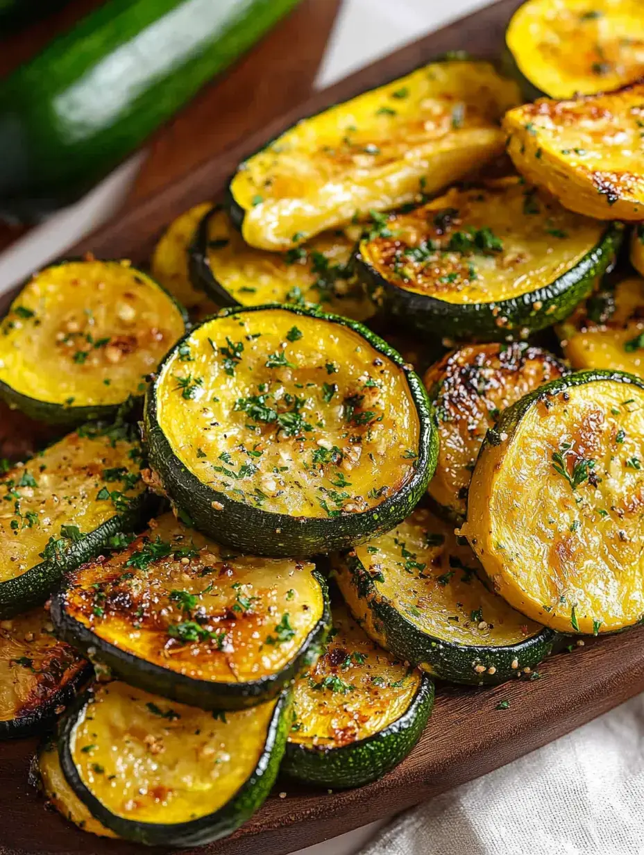 Un plat en bois avec des tranches dorées de courgettes vertes et jaunes, décoré avec des herbes.