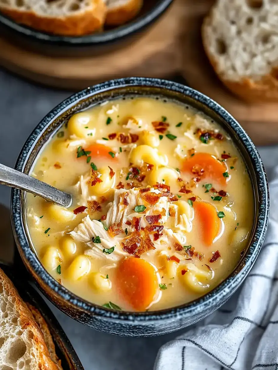 Un bol de soupe crémeuse au poulet avec des nouilles, des carottes, des herbes et des morceaux de bacon croustillant, accompagné de tranches de pain.