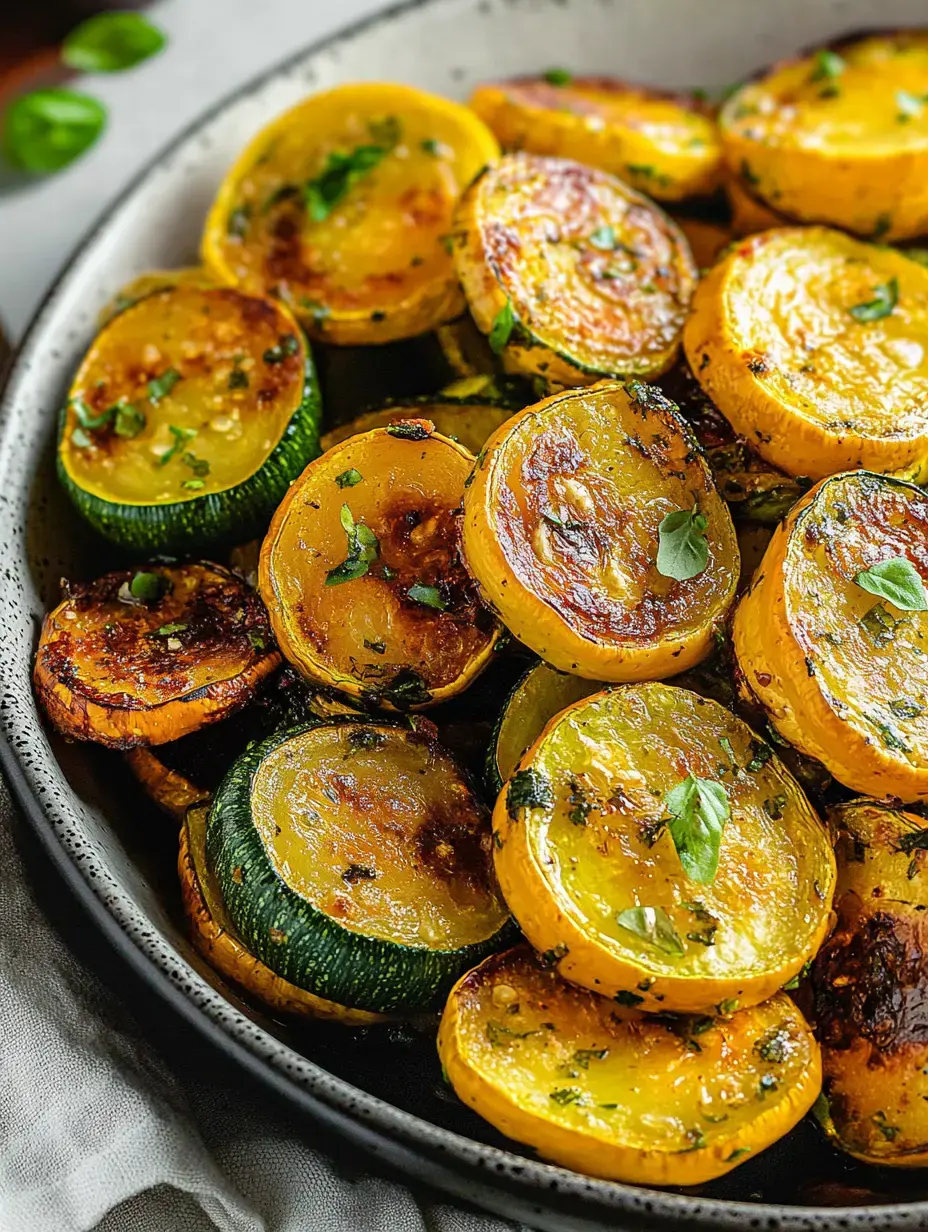 Un bol noir rempli de courgettes et de pâtissons jaunes rôtis dorés, garnis d’herbes fraîches.