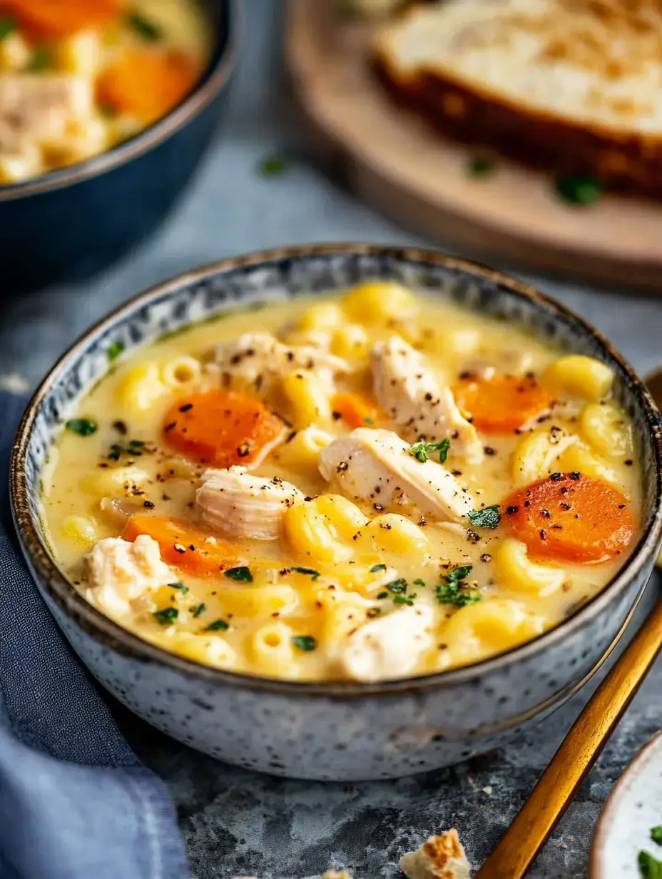 Un gros plan d'un bol de soupe crémeuse au poulet et macaronis avec des carottes, garnie d'herbes, à côté d'une tranche de pain grillé.