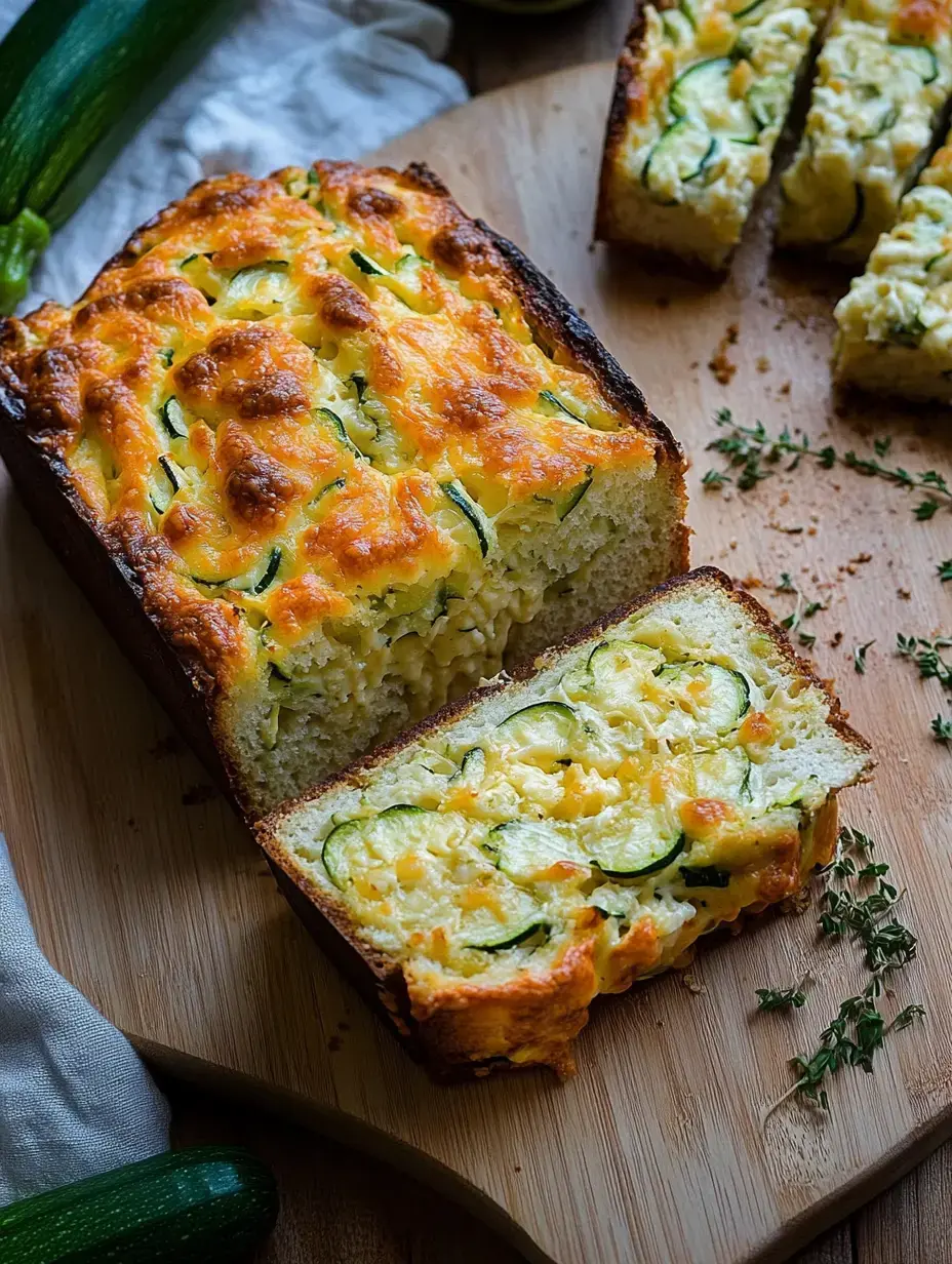 Une belle tranche de pain aux courgettes et au fromage bien moelleuse, posée sur une planche en bois, avec une courgette entière et du thym à côté.