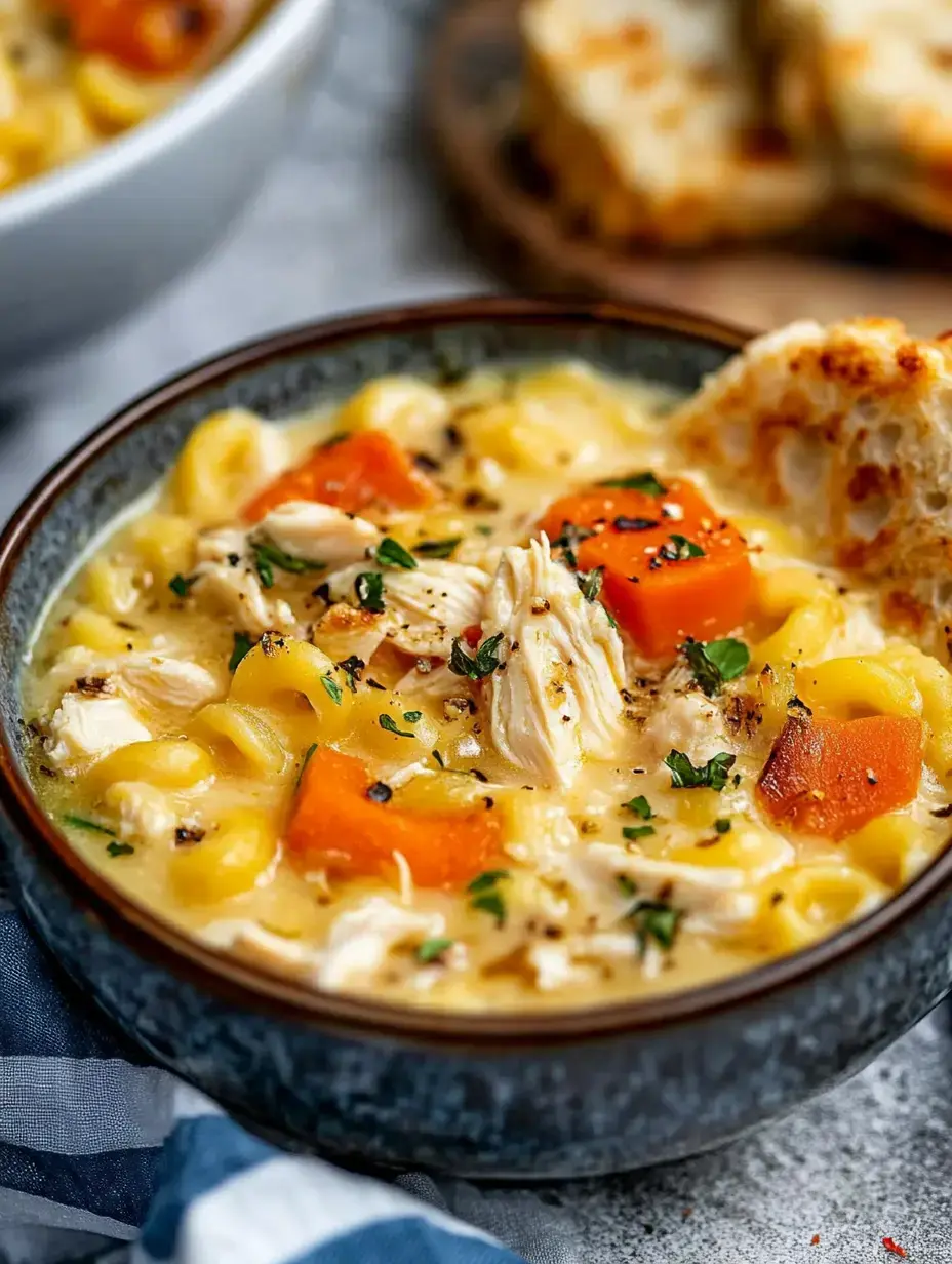 Un bol de soupe crémeuse au poulet avec des pâtes, des carottes et des herbes, accompagné d'un morceau de pain doré.
