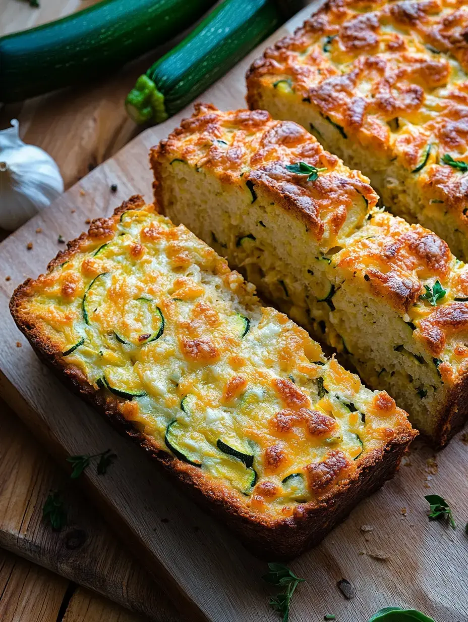 Une belle miche de pain aux courgettes et fromage dorée, coupée pour montrer sa mie tendre, exposée sur une planche avec de l’ail et des courgettes autour.