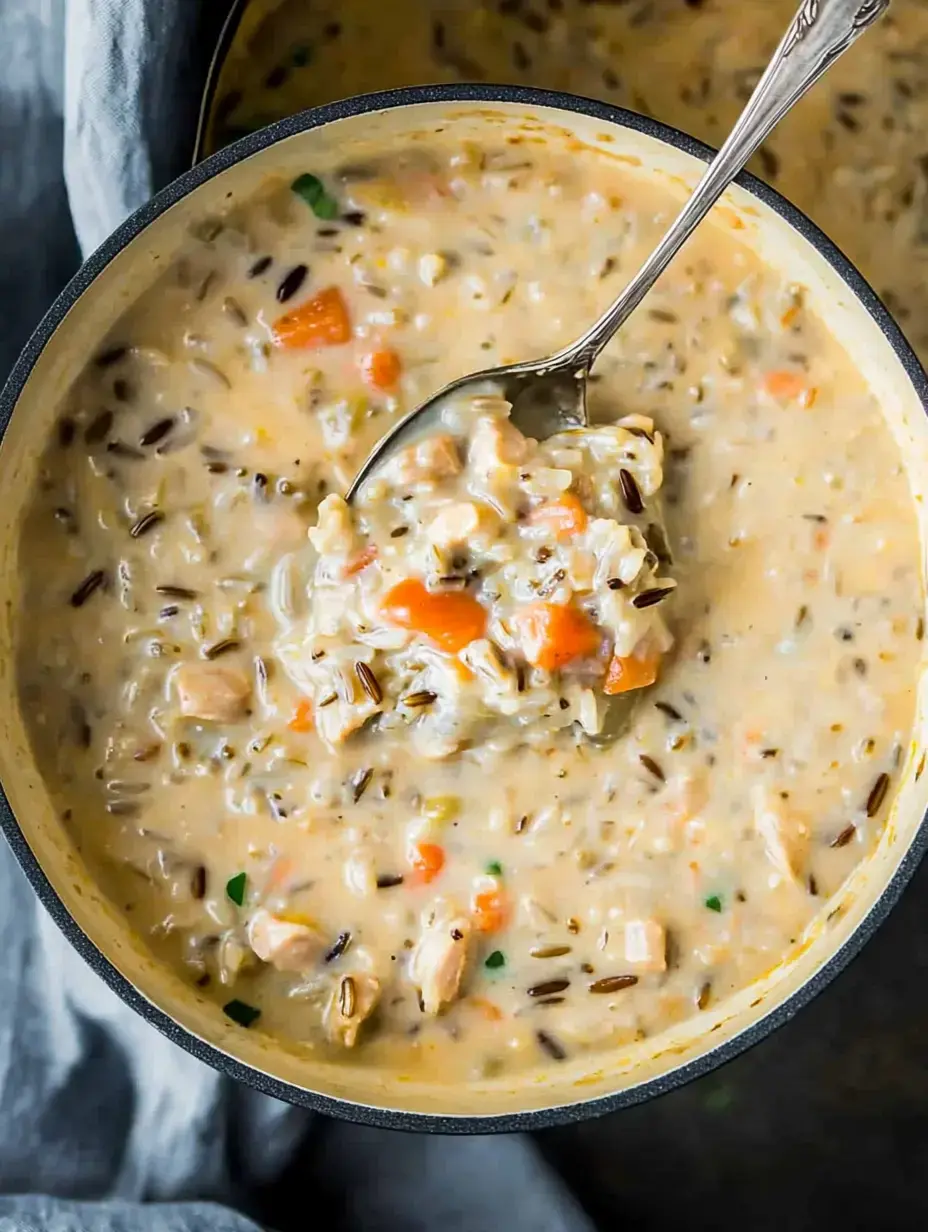 Une soupe crémeuse avec des morceaux de dinde, carottes et riz sauvage dans une marmite avec une cuillère.