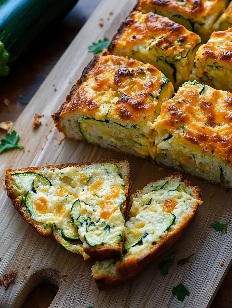 Une belle part de pain aux courgettes et fromage sur une planche en bois, avec le reste du pain en arrière-plan.