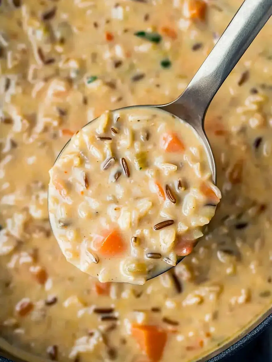 Une cuillerée de soupe crémeuse avec du riz, des légumes et des épices est prélevée d'une marmite.
